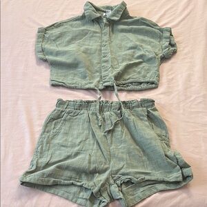 Light Sage Green Two-Piece Button Crop Top & Shorts linen Set
